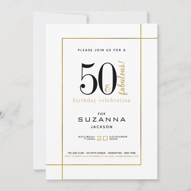Invitación 50 y Fabulous Modern Black and Gold Birthday (Anverso)