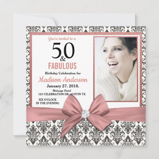Invitación 50 y Fabulous Rosa damasco de arco dorado 50 cumpl (Anverso)