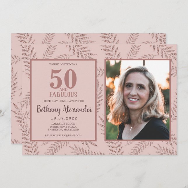 Invitación 50 y Fabulous Rosa Gold Purpurina (Anverso / Reverso)