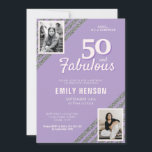 Invitación 50 y Fabulous Silver Purpurina 2 Photo Birthday<br><div class="desc">Morado 50 y fabuloso Purpurina de Plata 2 Invitación a la fiesta sorpresa del 50 cumpleaños. Moderna y elegante invitación verde azulada y falsa purpurina de plata para su cumpleaños. Añade tus fotos - puedes usar una foto antigua y una nueva. Puede cambiar todo el texto.</div>