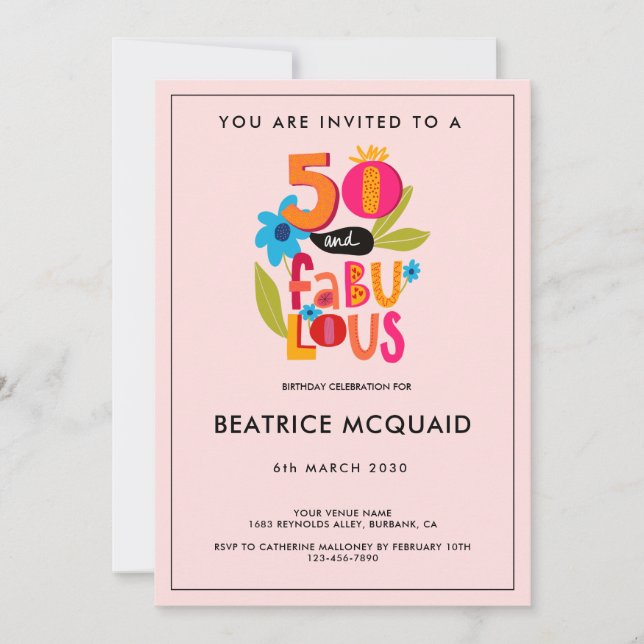 Invitación 50 y fantástica carta de cumpleaños número 50 (Anverso)