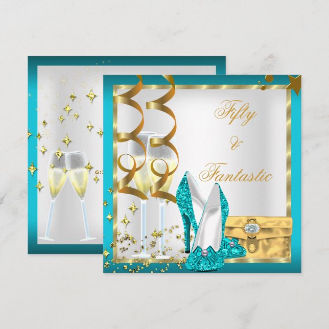 Invitación 50 y Fantástico Cumpleaños en Teal Blanco y Oro (Anverso / Reverso)