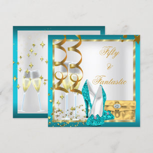 Invitación 50 y Fantástico Cumpleaños en Teal Blanco y Oro
