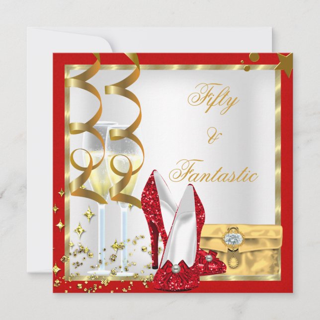 Invitación 50 y Fantástico Cumpleaños Rojo Blanco y Oro (Anverso)