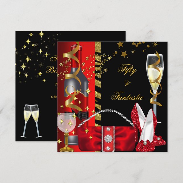 Invitación 50 y Fantástico Cumpleaños Rojo Negro Oro Fiesta d (Anverso / Reverso)