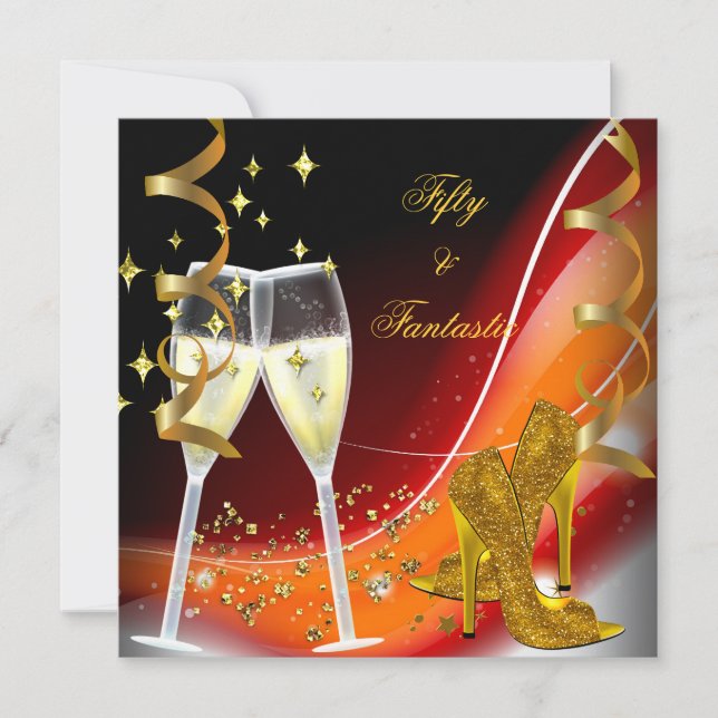 Invitación 50 y Fantástico Fabuloso Naranja Rojo de Oro (Anverso)