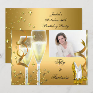Invitación 50 y Fantástico Zapatos de Champán Elegantes Dorad