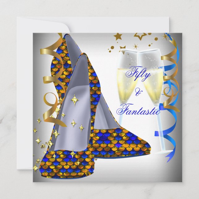 Invitación 50 y fantásticos zapatos blancos secuencia azul cu (Anverso)