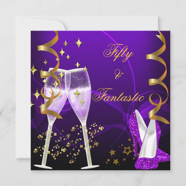 Invitación 50 y fantásticos zapatos de champán de oro morado (Anverso)