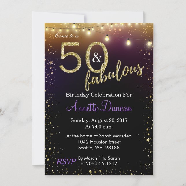 Invitación 50 y fiesta de cumpleaños fabulosa de las luces y (Anverso)