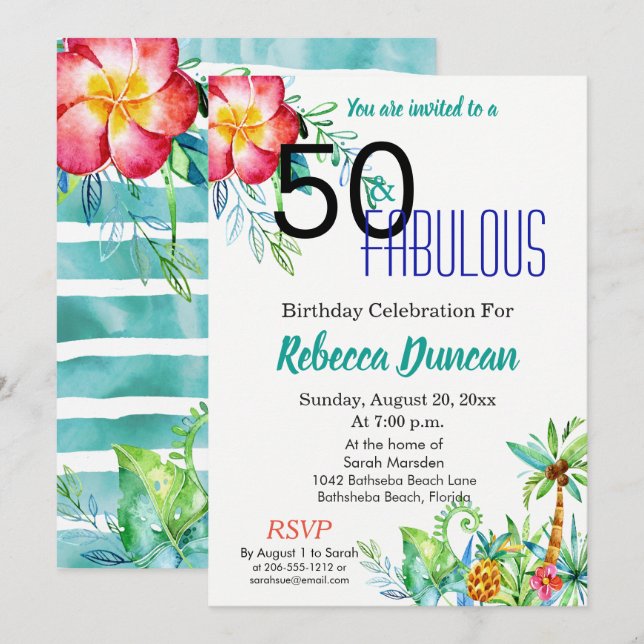 Invitación 50 y fiesta de cumpleaños floral tropical fabulosa (Anverso / Reverso)