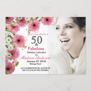 Invitación 50 y floral rosa fabulosa   50.º cumpleaños de la 