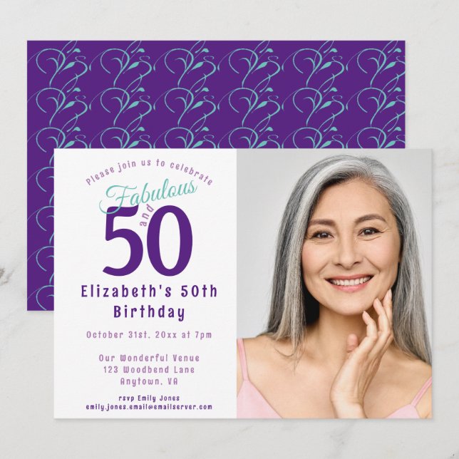 Invitación 50 y la fantástica tipografía turquesa púrpura (Anverso / Reverso)