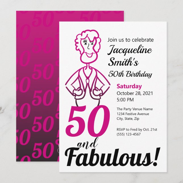 Invitación 50 y la maravillosa Dama Funny Rosa y Negra (Anverso / Reverso)