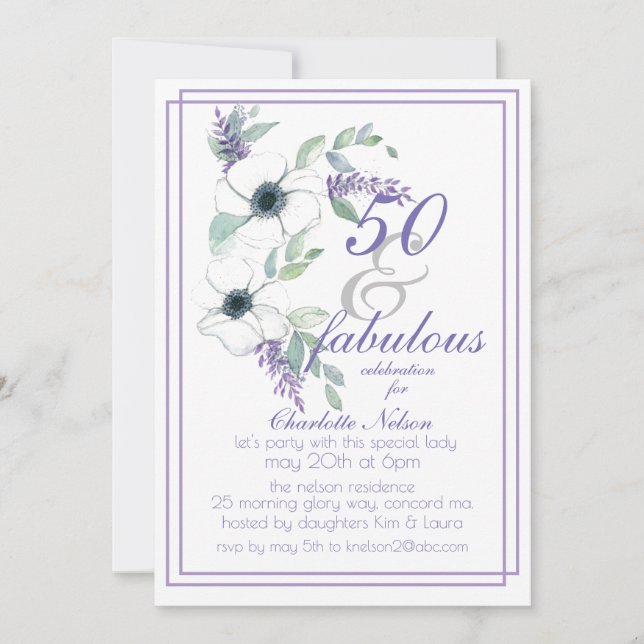Invitación 50 y la maravillosa y elegante acuarela floral (Anverso)