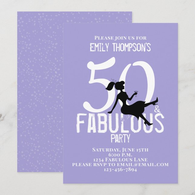 Invitación 50 y la Moda fabulosa Fiesta Cute Chica Silhouette (Anverso / Reverso)
