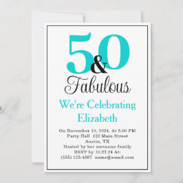 Invitación 50 y magnífico azul turquesa sobre blanco