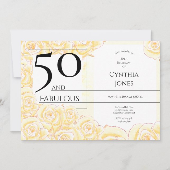 Invitación 50 y magnífico rosa amarillo negro horizontal (Anverso)