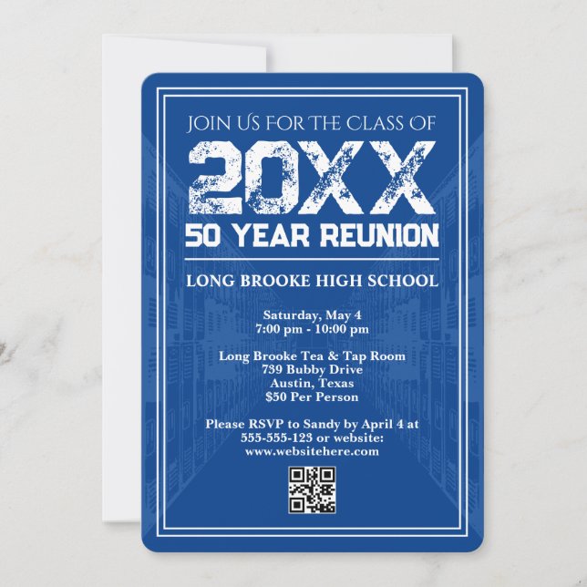 Invitación 50 Year High School Reunion Retro Blue Varsity QR (Anverso)