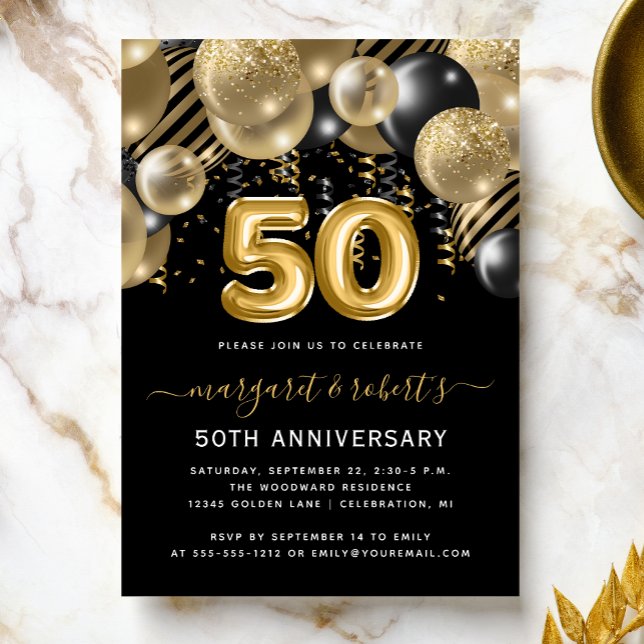 Invitación 50th Anniversary Gold Black Balloon Arch Party (Subido por el creador)