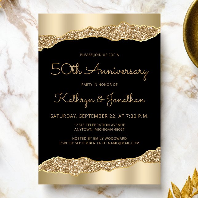 Invitación 50th Anniversary Party Black Gold Foil Glitter  (Subido por el creador)