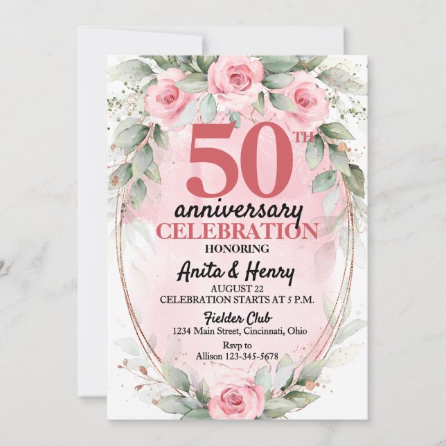 Invitación 50th Anniversary Soft Pink & Sage Green Roses (Anverso)