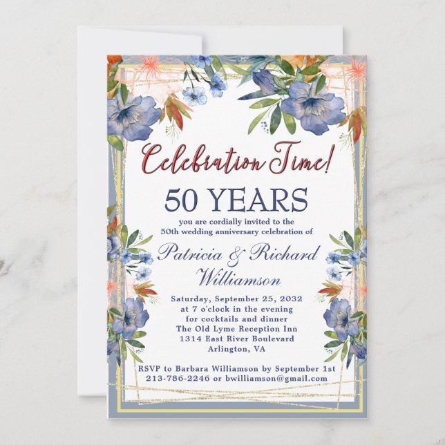 Invitación 50th (Any Year) Chic Floral Wedding Anniversary  (Anverso)