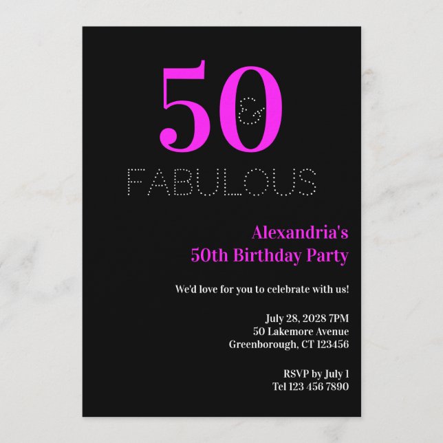 Invitación 50th Birthday 50 fabulous Neon Pink Black Party (Anverso)
