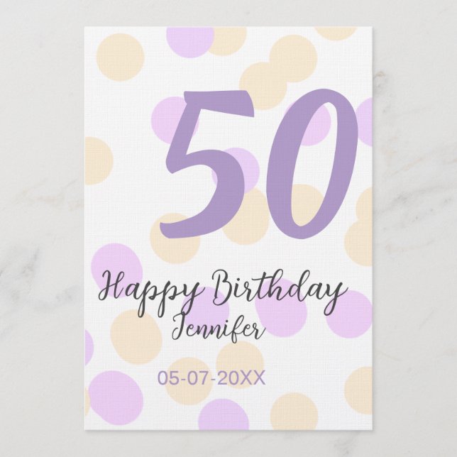 Invitación 50th birthday add name date purple orange polkadot (Anverso)