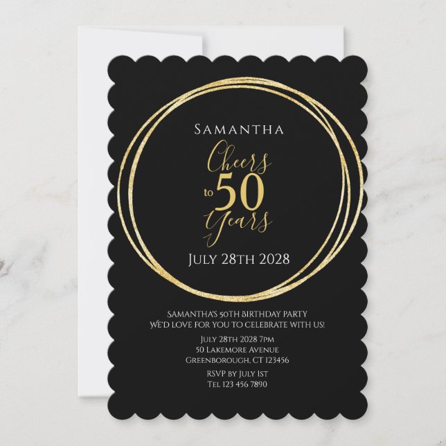 Invitación 50th Birthday Black Gold Cheers to 50 Years Party (Anverso)