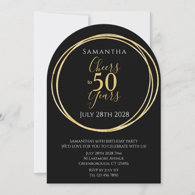 Invitación 50th Birthday Black Gold Cheers to 50 Years Party (Anverso)