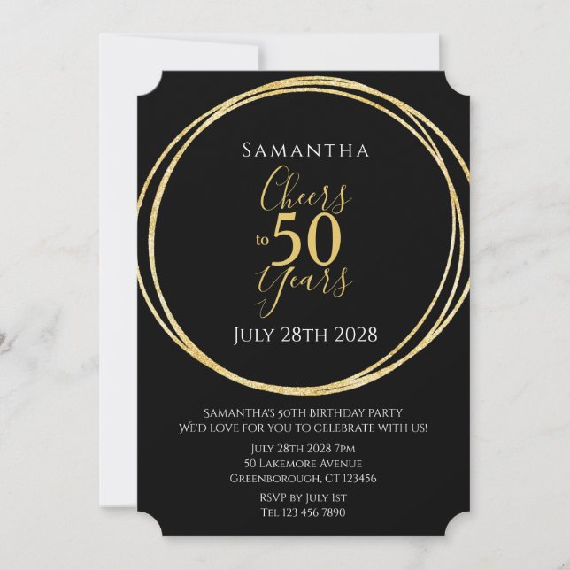 Invitación 50th Birthday Black Gold Cheers to 50 Years Party (Anverso)