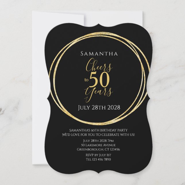 Invitación 50th Birthday Black Gold Cheers to 50 Years Party (Anverso)