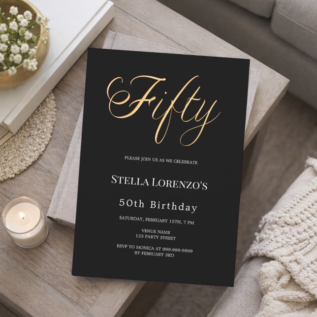 Invitación 50th birthday black gold script typography (Subido por el creador)