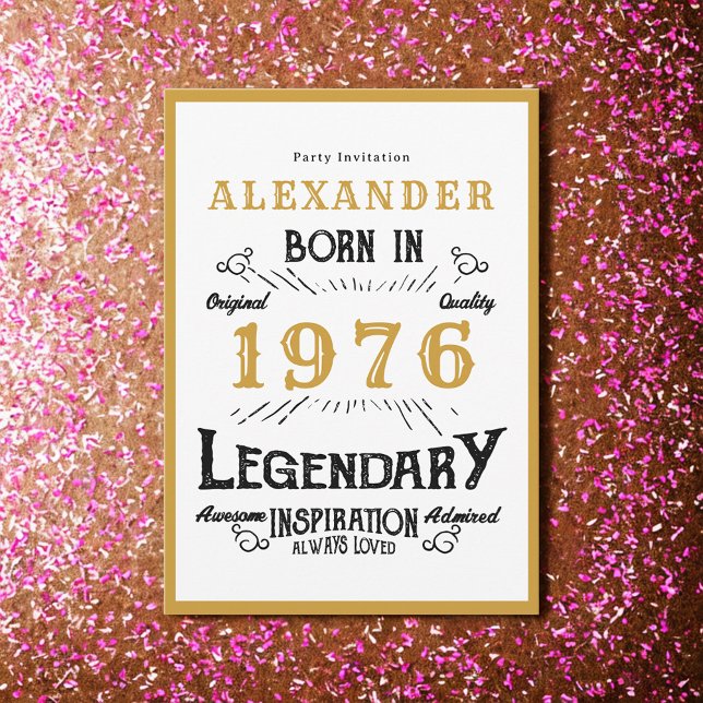 Invitación 50th Birthday Born 1976 White Gold Legend (Born 1976 birthday invitation.)