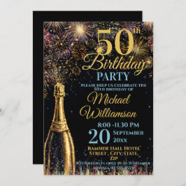 Invitación 50th Birthday Bubbly Fireworks Gold Blue