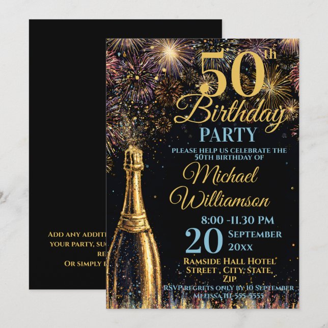 Invitación 50th Birthday Bubbly Fireworks Gold Blue (Anverso / Reverso)