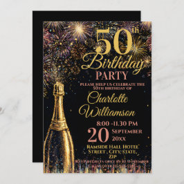 Invitación 50th Birthday Bubbly Fireworks Gold Pink