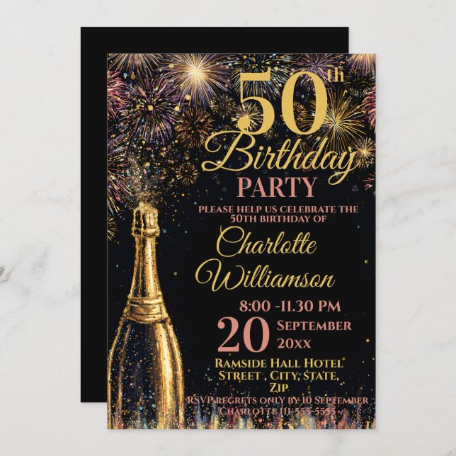 Invitación 50th Birthday Bubbly Fireworks Gold Pink (Anverso / Reverso)