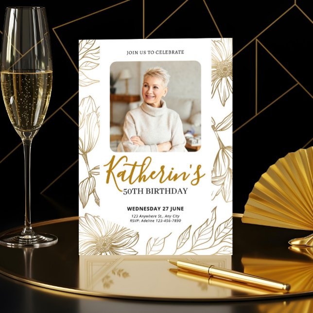 Invitación 50th Birthday Elegant Gold Floral Photo (50th Birthday Elegant Gold Floral Photo Invitation, Fifity Birthday)