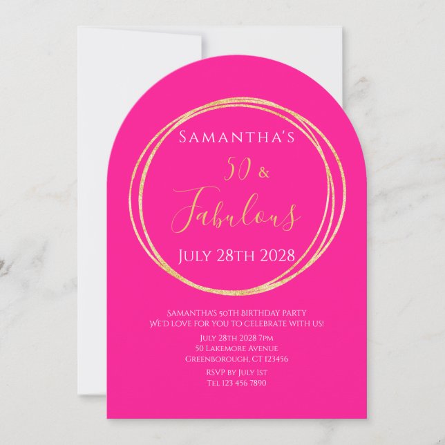 Invitación 50th Birthday Hot Pink Gold Birthday Invitation (Anverso)