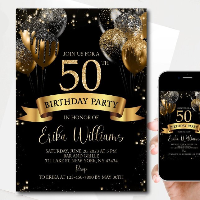Invitación 50th Birthday Invitation Template: Black Gold Ball (Subido por el creador)