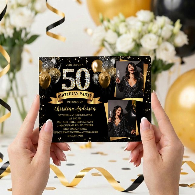 Invitación 50th Birthday Modern Gold Glitter Balloons 2 Photo (Glam black and gold 50th birthday invite with diamond 50, balloons, confetti and two custom photos)