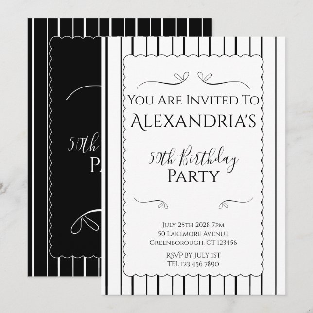Invitación 50th Birthday Party Black and White Stripes (Anverso / Reverso)