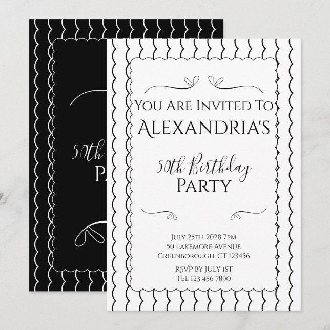 Invitación 50th Birthday Party Black and White Wavy Lines (Anverso / Reverso)