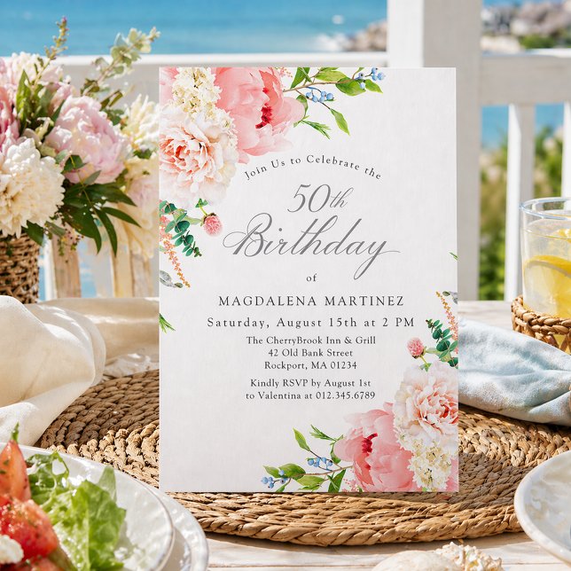 Invitación 50th Birthday Party Feminine Pink Roses Floral (Subido por el creador)