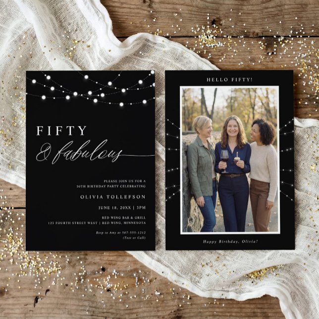 Invitación 50th Birthday Party Fifty & Fabulous Modern (Modern fifty fabulous 50th birthday invitation with white glitter accents and photo back design)