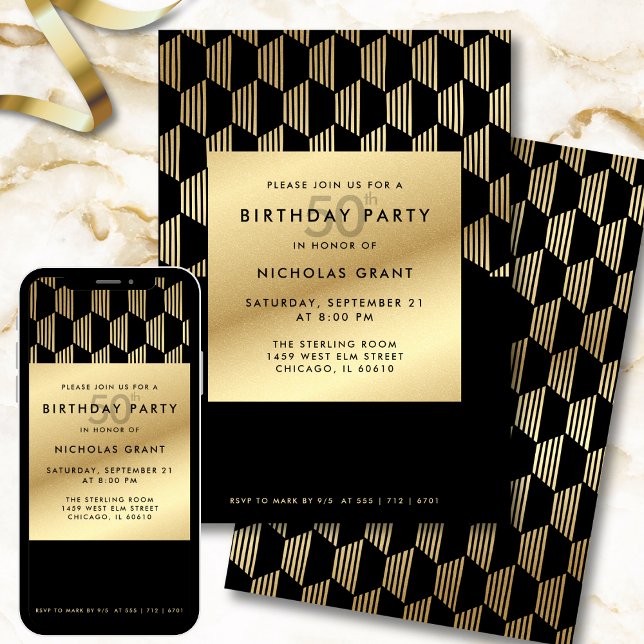 Invitación 50th Birthday Party Modern Black and Gold Foil (Subido por el creador)