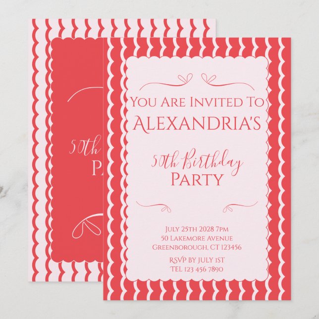 Invitación 50th Birthday Party Modern Pink Red (Anverso / Reverso)