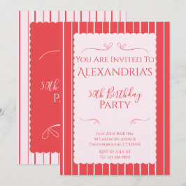 Invitación 50th Birthday Party Pink Red Stripes Invitation
